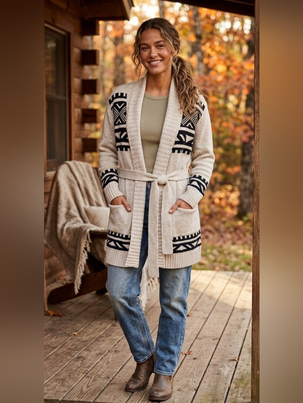 Old Navy Beige Shawl Collar Belted Cardigan with Black Geometric Trim